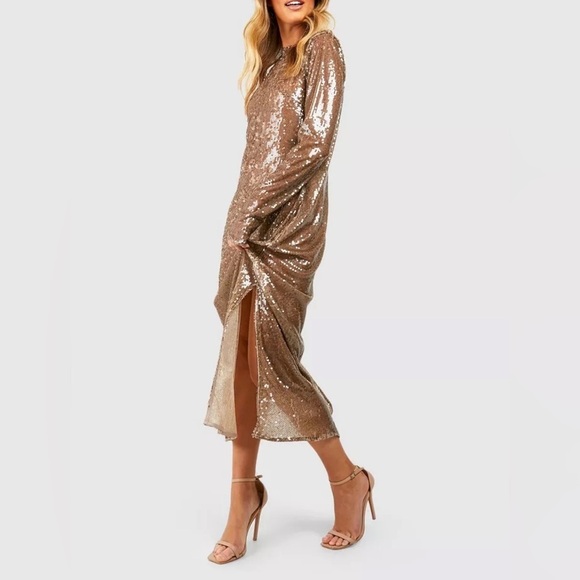 Boohoo SEQUIN COLUMN MIDI DRESS Champagne Size 10 - Picture 1 of 6